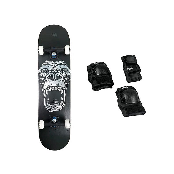 Skate Semi Profissional Estampa Gorila Bel + Kit Proteção Tamanho M Ajustável