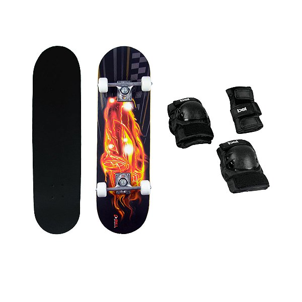 Skate Estampa Fogo Semi Profissional + Kit Proteção Tamanho M Ajustável