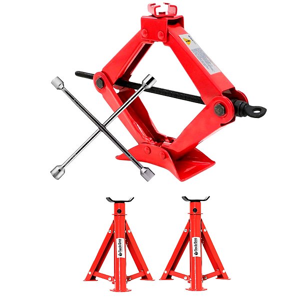 Macaco Hidráulico Sanfonado 1 Tonelada Universal + Chave de Roda Cruz + Par Cavalete 2T