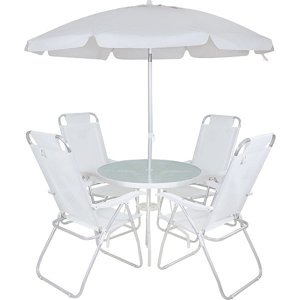 Conjunto Noronha Guarda-Sol Branco + 4 Cadeiras + Mesa em Aluminio Reclinável Regulável Bel