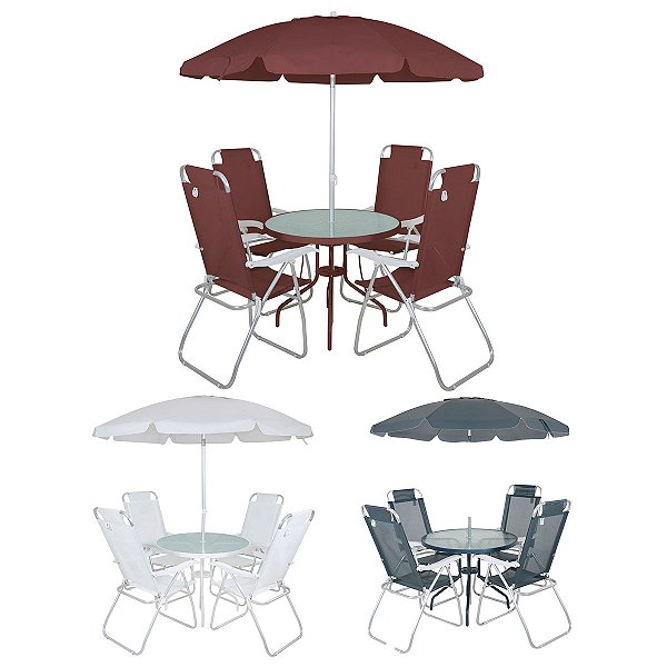 Conjunto Noronha Guarda-Sol Branco Cinza Marrom + 4 Cadeiras + Mesa em Aluminio Bel
