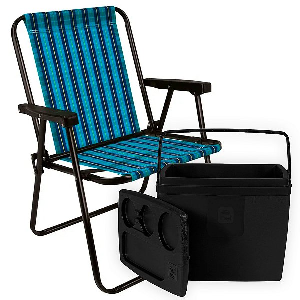 Cadeira Alta Praia Aço Azul Xadrez Suporta 110kg + Caixa Térmica Cooler 19L 26 Latas Alça Preta