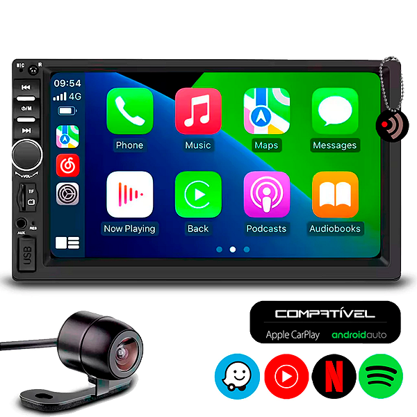 Multimídia 7" Polegadas Car Play/Android Auto - JR8 + Câmera de Ré Colorida Universal Preta