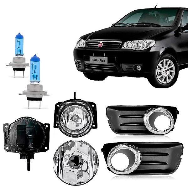 Kit Farol Auxiliar de Milha + Par Lâmpadas Super Brancas H1  Palio Fire Economy 8500k Efeito Xênon