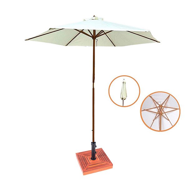Ombrelone Central Branco Com Estrutura de Madeira 3m + Base Concreto Revestida em Madeira 25kg