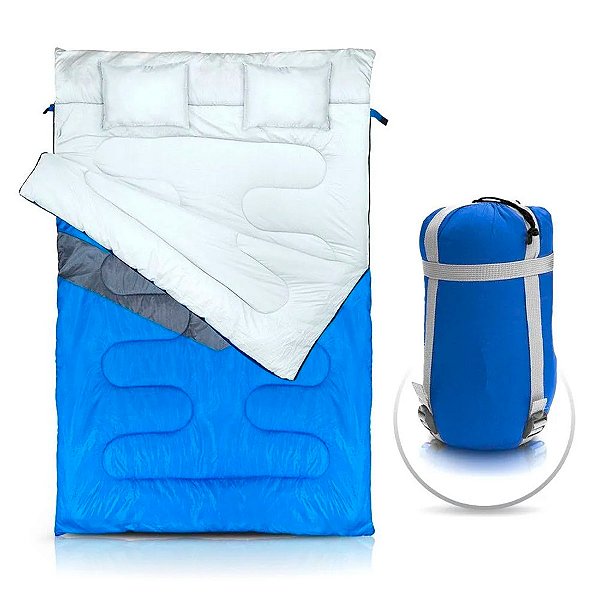 Saco Dormir Kuple Casal C/ Travesseiro Camping -5 A 5°c Azul Localização do Zíper Direita - NTK