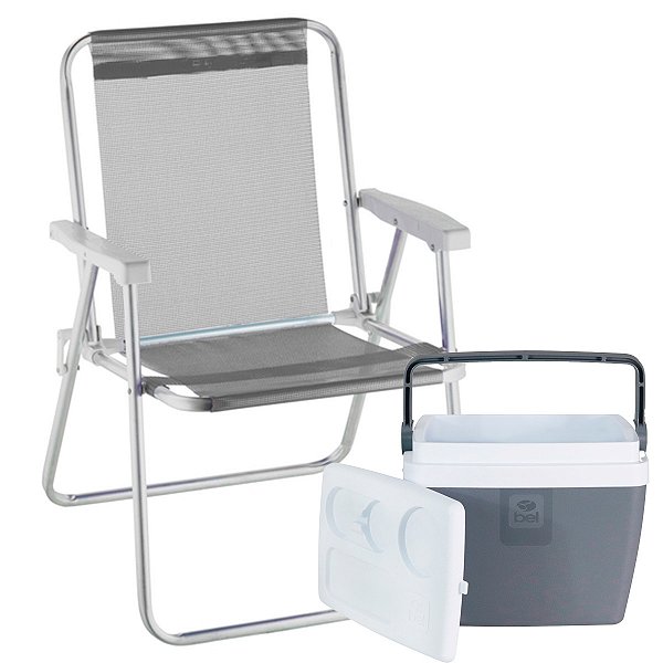 Cadeira de Praia Alta Lazy em Alumínio Cinza Suporta 110kg + Caixa Térmica 12L 13 Latas c/ Alça BEL