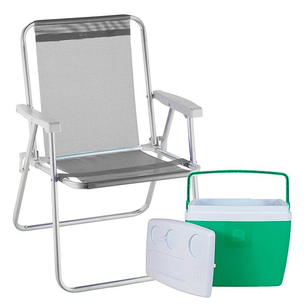 Cadeira de Praia Alta Lazy em Alumínio Cinza Suporta 110kg + Caixa Térmica Hortelã 19L 26 Latas BEL
