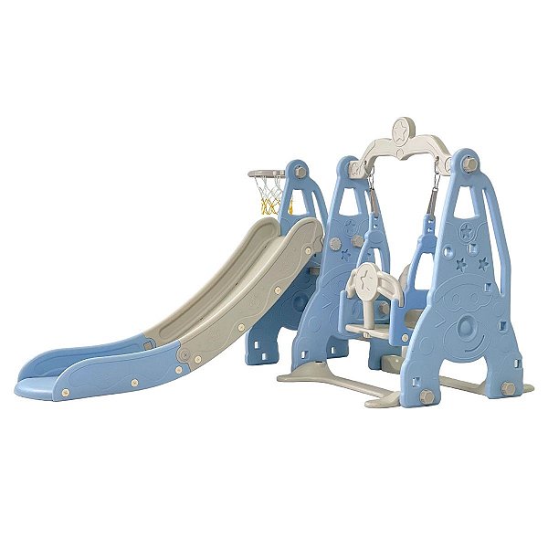 Playground Infantil Suporta 30kg Escorregador Balanço Cesta de Basquete 3X1 Azul/Cinza BW217