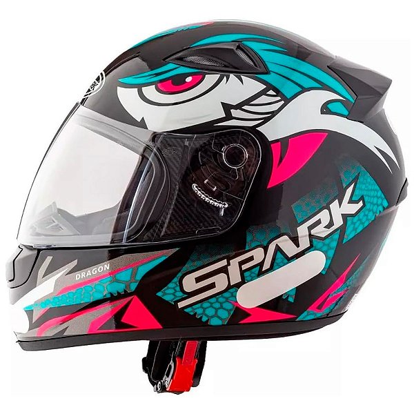Capacete Moto Fechado Spark Dragon Viseira Cristal Preto c/ Azul Tiffany Inmetro Tamanho 56 - EBF