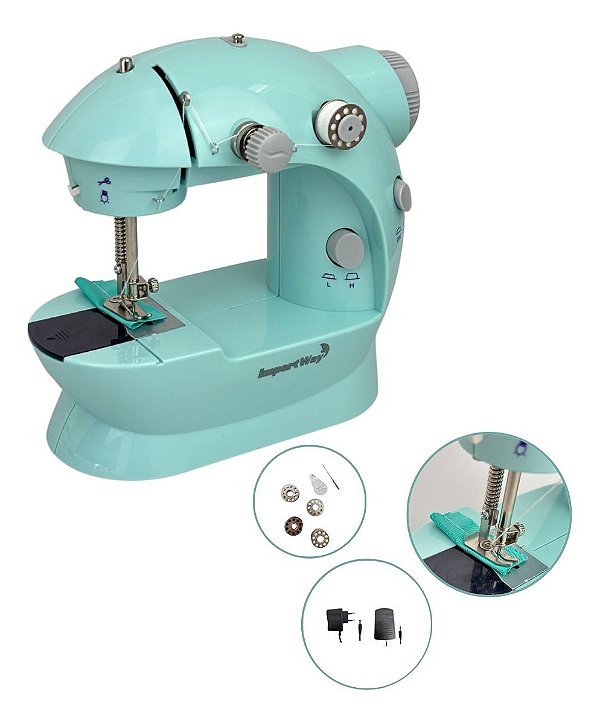 Máquina Costura Portátil Bivolt Pedal Completa Importway Cor Azul