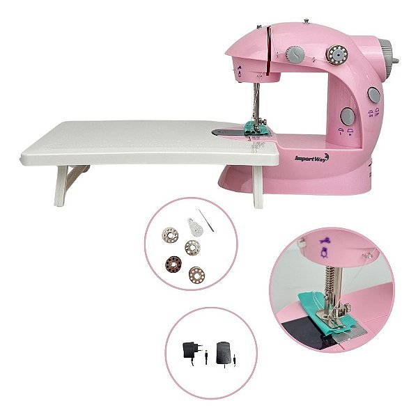 Máquina Costura Rosa Portátil Com Mesa Pedal Completa Bivolt