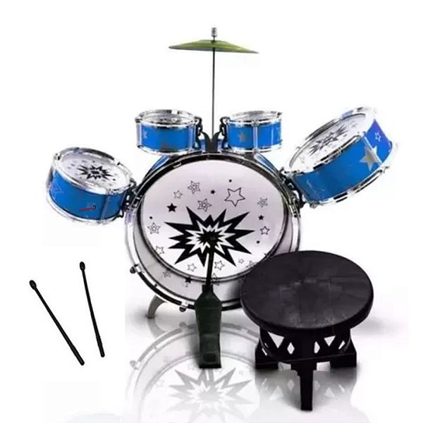 Bateria Infantil Com Banquinho Importway Azul Tambor 39cm