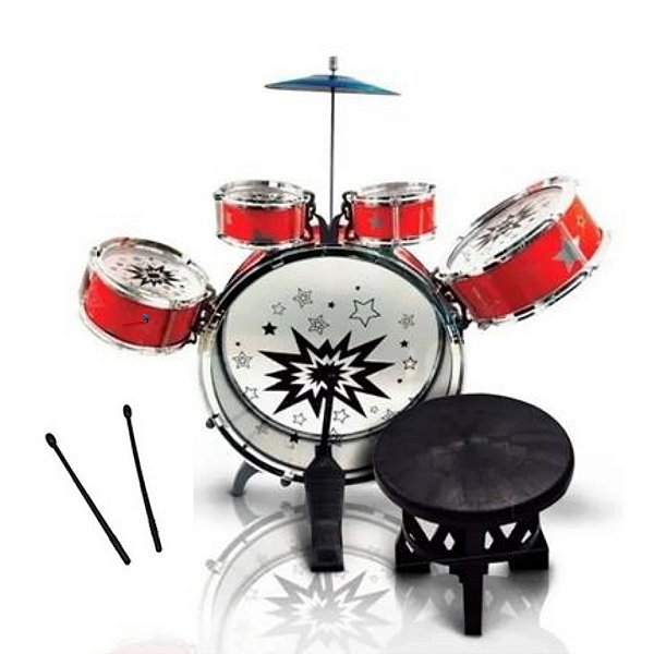 Bateria Infantil Com Banquinho Importway Vermelho Tambor 39cm