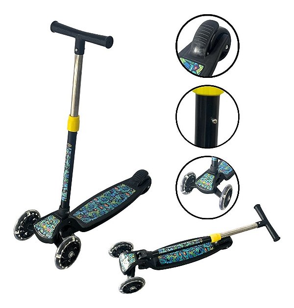 Patinete 3 Rodas Dobráveis E Ajustável Preto Com Desenho Preto Importway