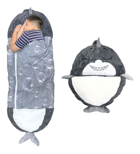 Saco De Dormir Infantil 2x1 Coberto Vira Mochila Tubarão