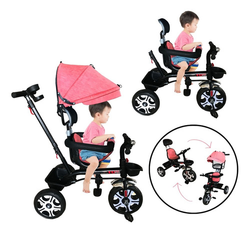 Triciclo Motoca Bicicleta 3 Rodas Infantil Passeio Com Empurrador Pedal Capota Rosa Brinqway Bw302rs