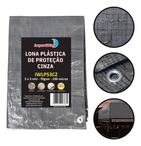 Lona Plástica 5x3 Reforçada 70gsm 100 Micras 15 Metros Quadrados Cinza