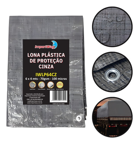 Lona Plástica 6x4 Reforçada 70gsm 100 Micras 24 Metros Quadrados Cinza