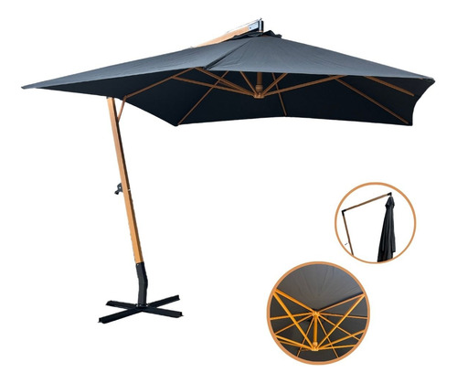 Ombrelone Lateral Suspenso Estrutura Madeira 3m Gigante Manivela Jardim Importway Iwoblm-300 Cor Preto