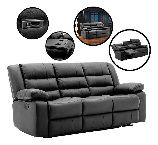 Sofá 3 Lugares Massageadora Reclinável Usb Aquecimento Luxo Preto