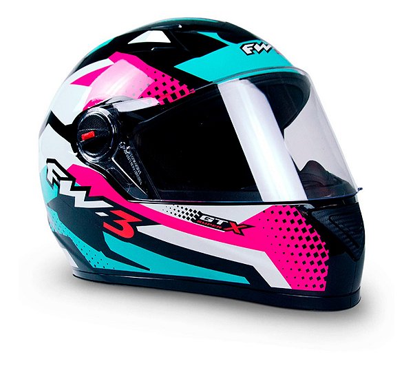 Capacete FW3 Com Narigueira GT Super Fechado Tamanho 56 Azul Rosa Com Rosa e Branco Forro Removível
