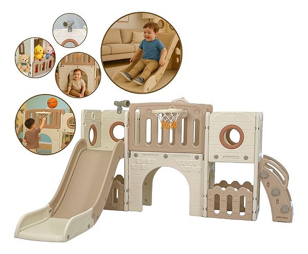 Playground 5 Em 1 Escorregador Túnel Telescópio Cesta Espaço Multifuncional Inferior Bege Importway