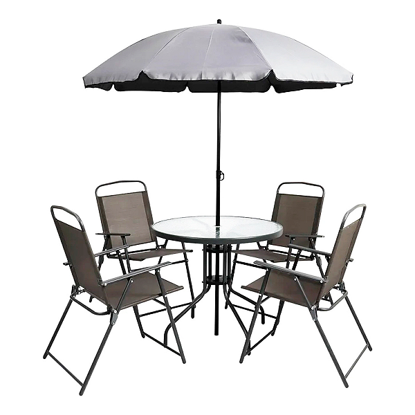 Conjunto de Mesa com Tampo de Vidro para Jardim 6Peças Cadeiras Dobráveis e Guarda Sol Cinza - Kala