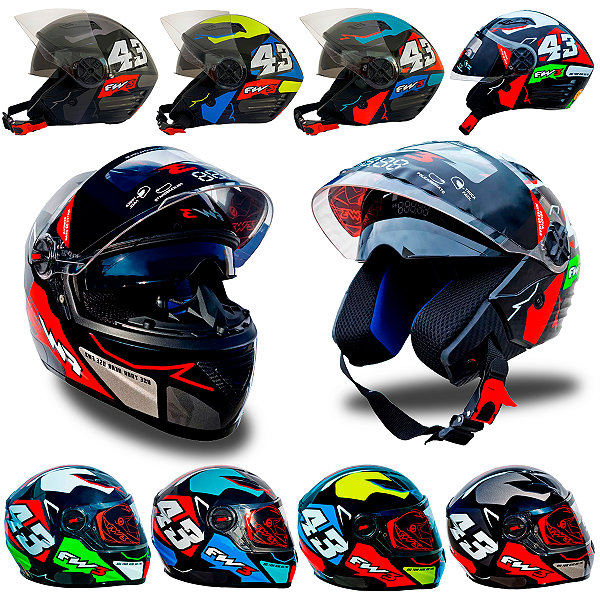 Capacete para Moto FW3 Modelos Aberto X Open Up 43 ou Fechado GTX 43 Várias Cores e Tamanhos - FW3