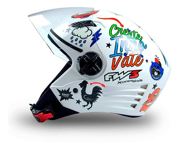 Capacete Moto Tamanho 58 Modelo X Open Stickers Aberto Branco C/ Viseira - Fw3