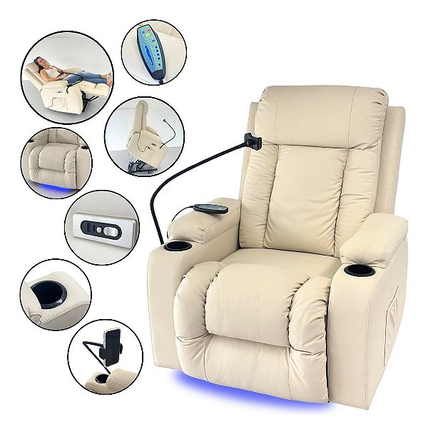 Poltrona Reclinável Massagem Aquecimento Elevação Ergonomica Bege Importway
