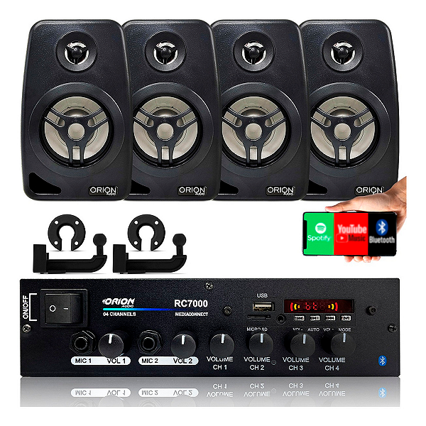 Kit Som Ambiente Receiver Amplificado Orion RC7000 Bluetooth com Entrada de Microfone +4 Caixas Acústica Parede 55W RMS