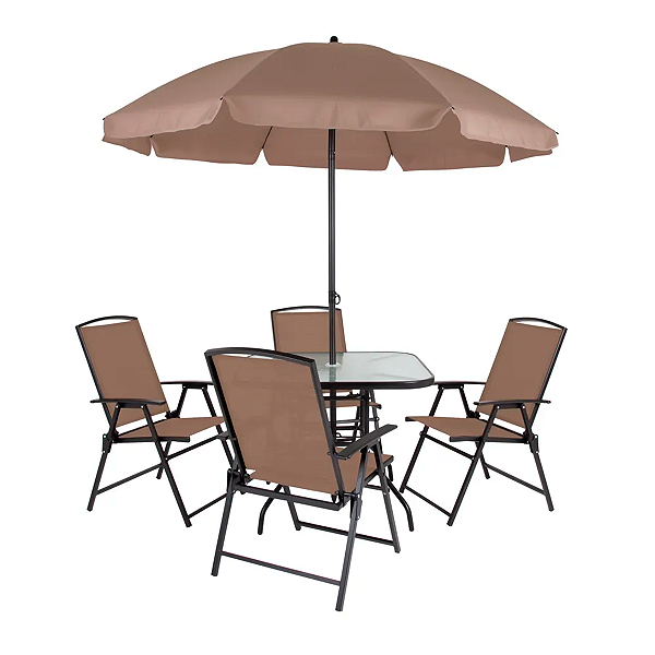 Conjunto Completo Acapulco Aço 4 Cadeiras + Mesa Jardim Área Externa + Ombrelone Guarda-Sol Cor Marrom - Mor