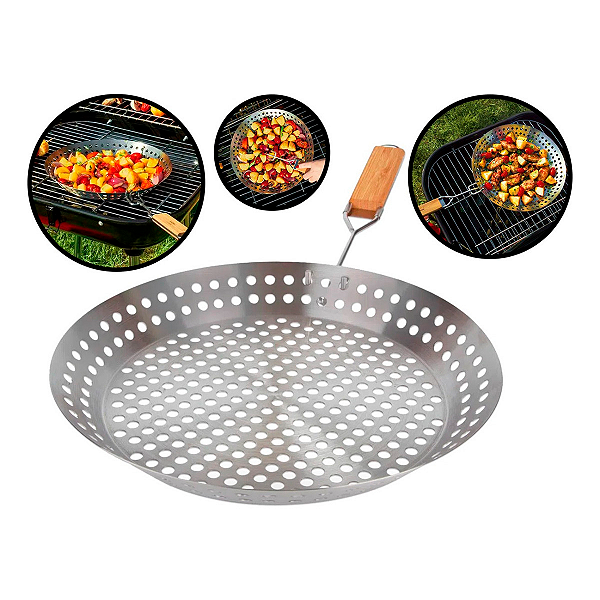 Panela Frigideira de Inox 30cm Cozinha Rápida com Cabo De Encaixe Perfeita para Grelhar 2 em 1 Churrascos - Mor