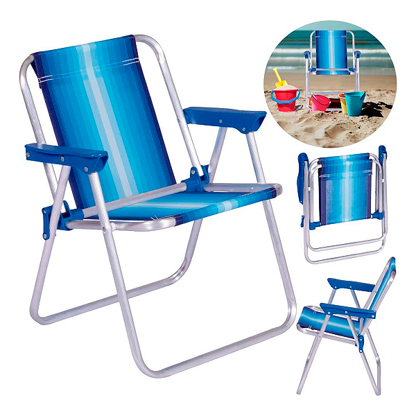 Cadeira De Praia Infantil Alta em Alumínio Dobravel Azul Ideal para Crianças Praia Camping - Mor