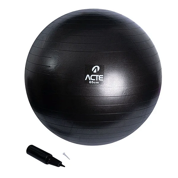 Bola de Pilates Yoga Treino Funciona 65cm Preto Resistente Com Sistema Anti-Estouro Bomba de Ar Suportando 250kg - Acte