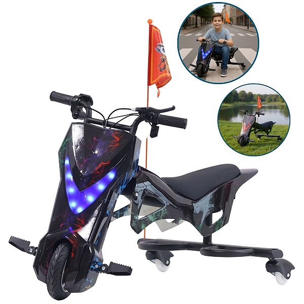 Drift Moto Elétrica Infantil 250w Preto Com Luz, Freio, Buzina E Banco Ajustável Até 25km/h
