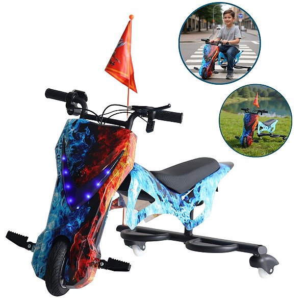 Drift Moto Elétrica 250w Infantil Azul Até 25km/h Com Luz Freio Seguro Buzina E Ajuste Banco