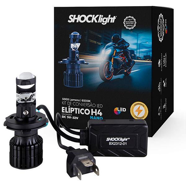 Lâmpada Farol Projetor Canhão LED Elíptico Nano H4 para Moto 35W 5000LM 6500K Luz Branca - ShockLight