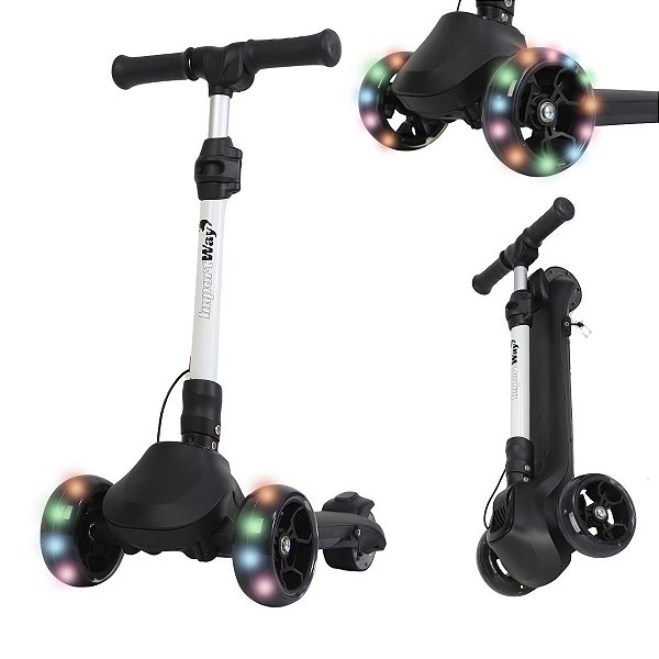Patinete Elétrico Infantil 3 Rodas 130w Preto Com Luzes Led Coloridas E Bateria Recarregável