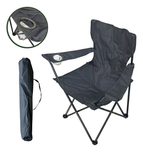Cadeira Dobrável Preta Importway Com Apoio De Braços E Porta-copos Para Camping, Praia E Pesca