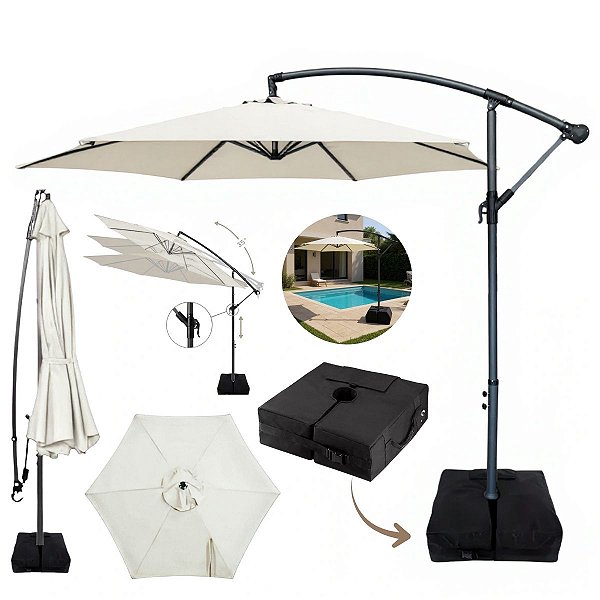 Ombrelone Lateral 3,00m Branco com Base e Manivela Proteção Solar UV Cobertura Poliéster Resistente para Jardim Piscina