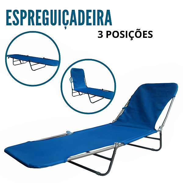 Cadeira Espreguiçadeira Textline Azul Escuro Dobrável 3 Posições Praia/piscina Importway