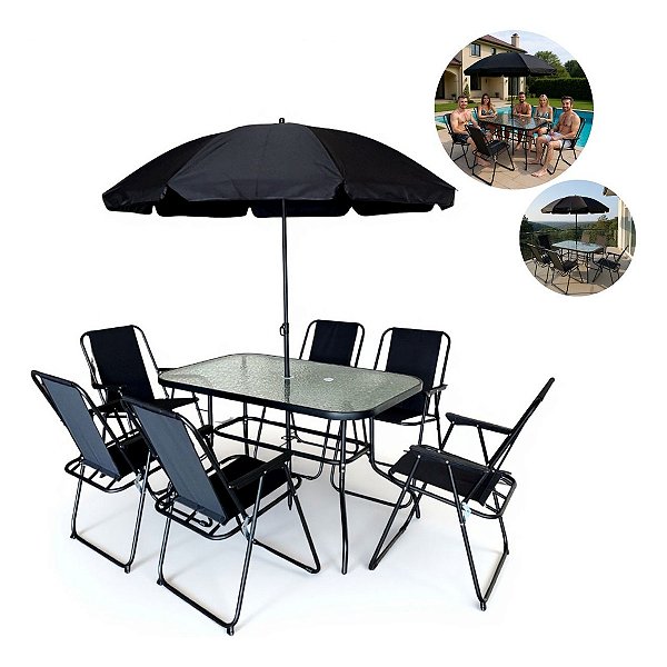 Jogo Conjunto 8 Peças Completo  Mesa 6 Cadeiras Guarda-sol Para Jardim E Piscina