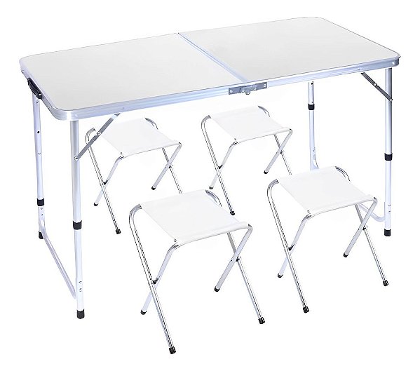 Mesa Dobrável Importway Branca 1,20m Com 4 Bancos Ideal Para Camping, Praia E Piquenique