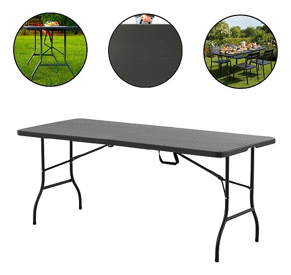 Mesa Dobrável Portátil Rattan 1,80 M Vira Maleta Ideal Para Camping, Festa, Churrasco E Jardim