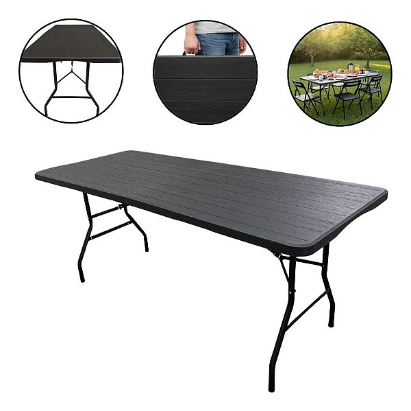 Mesa Dobrável Portátil 1,80x0,73m Estampa Madeira Importway Vira Maleta Para Camping E Churrasco