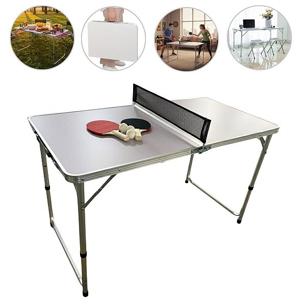 Mesa 2 em 1 Camping e Ping Pong Dobrável 1,20m com Maleta Portátil Raquetes e Bolas - Importway