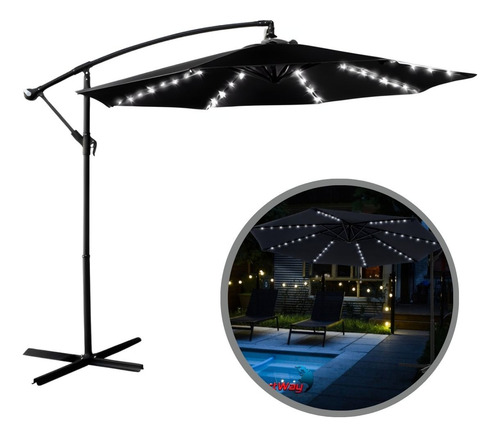 Ombrelone Lateral Preto 3,00m Com Led Importway Ideal Para Piscina, Jardim E Varanda Gourmet