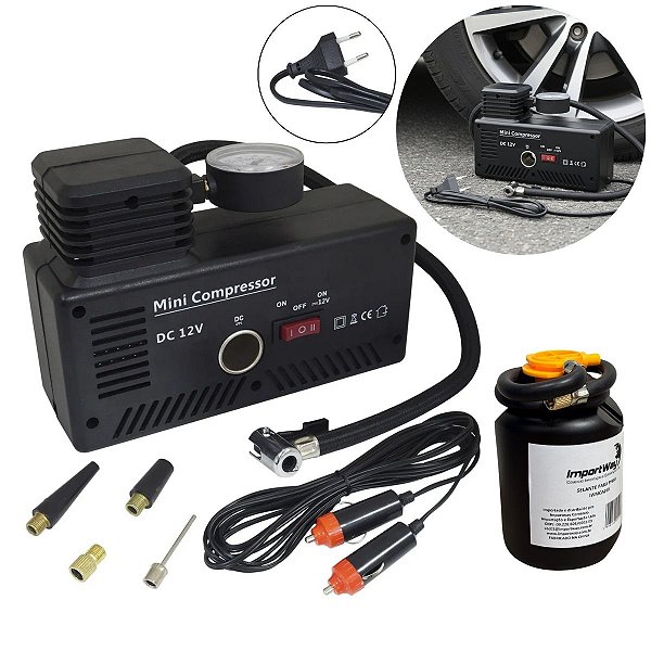 Mini Compressor de Ar 2 em 1 Automotivo Elétrico 12V 300PSI 30L/min com Selante e Bicos Adaptadores Portátil para Viagem